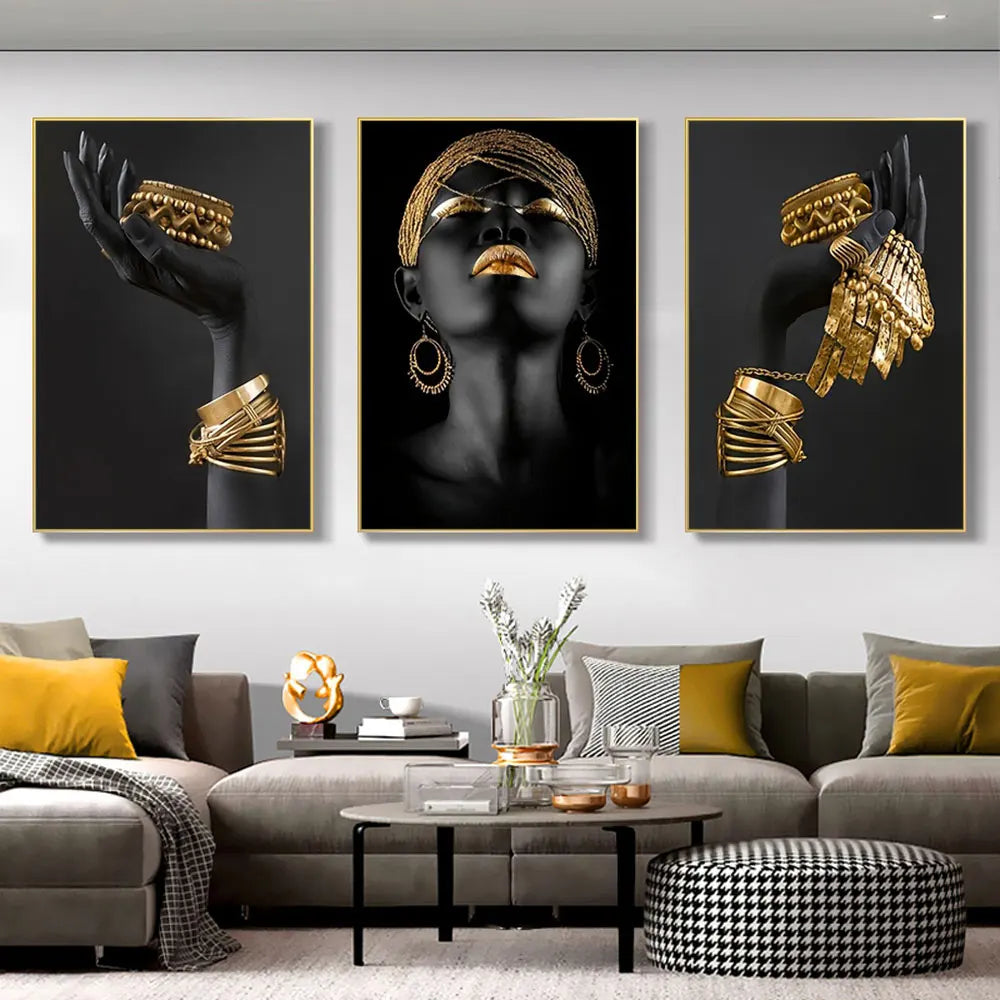 "Golden Grace" African Black Woman Canvas Set