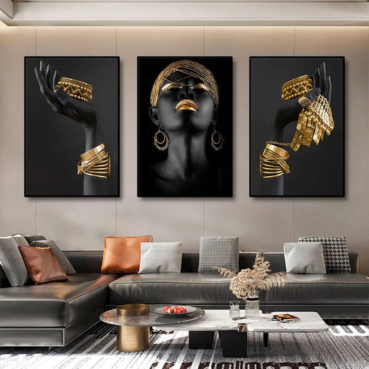 "Golden Grace" African Black Woman Canvas Set